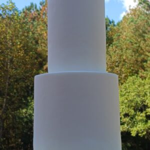 2 round dummy cakes, covered in white fondant, sitting on a gold cake card.